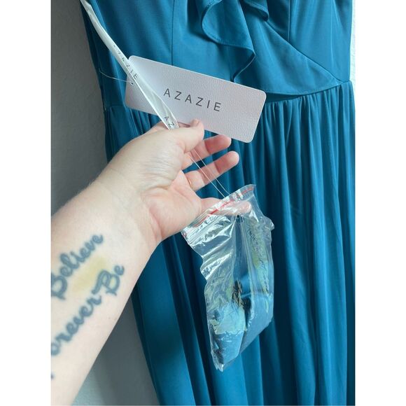 Bridesmaid Ruffle Maxi Dress Azazie Women A12 Teal Blue Formal Romantic Wedding - Picture 6 of 12
